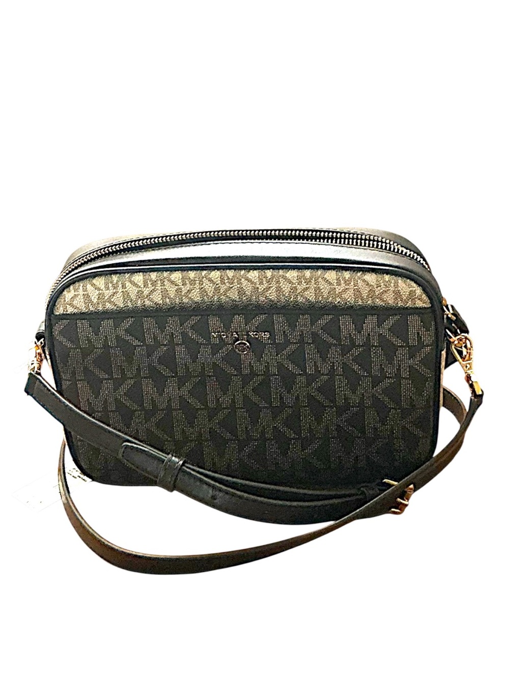 Michael Kors Jet Set Brown and Gold MK Monogram Crossbody Camera Bag